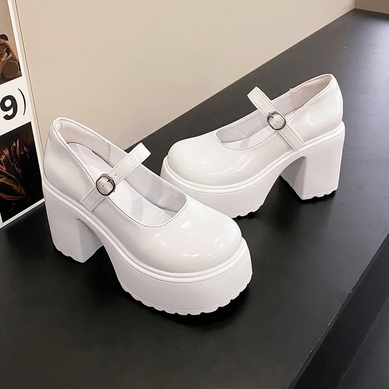 Chunky Platform High Heels Pumps Women 2023 Autumn Pu Leather Ankle Buckle Mary Jane Shoes Woman Thick Heeled White Lolita Shoes