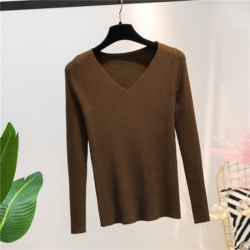 Women Knitted Shirts Fashion Female Autumn Winter Long Sleeve V-neck Skinny Elastic Casual Thin Sweater Pullover Tops Knitwear