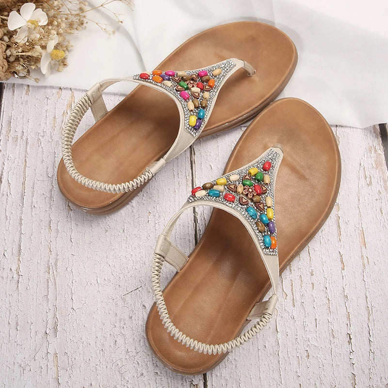 Retro Bohemian Flat Heels Sandals for Women 2024 summer Rhinestone Beads Clip Toe Sandals Woman Lightweight Beach Flip Flops