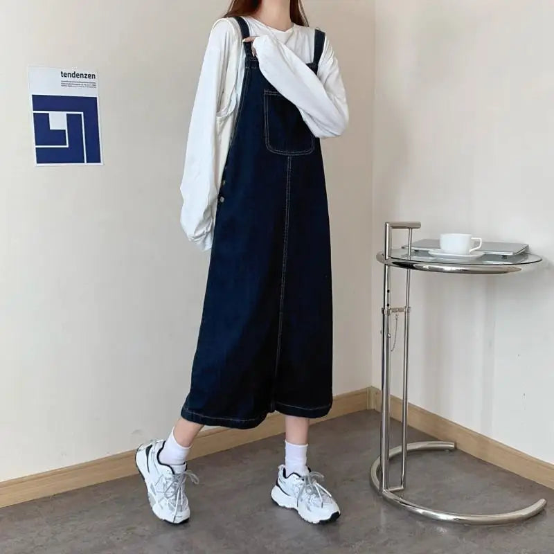 Spring Summer Denim Overall Dress Women Casual Sleeveless Jeans Dresses Fashion Solid Split Loose Spaghetti Strap Dresses Girls