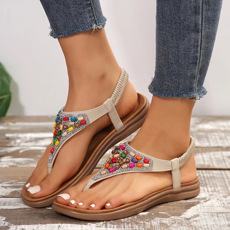 Retro Bohemian Flat Heels Sandals for Women 2024 summer Rhinestone Beads Clip Toe Sandals Woman Lightweight Beach Flip Flops