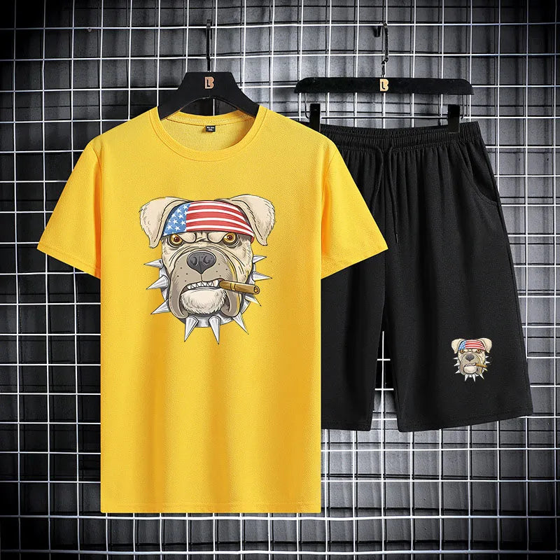 Cotton Shorts Set Man Short Sleeves USA Dog Tshirt Pants 2 Pieces Mes Outfits Sweat suits Jogging Sets Man Sportswear Male Sets