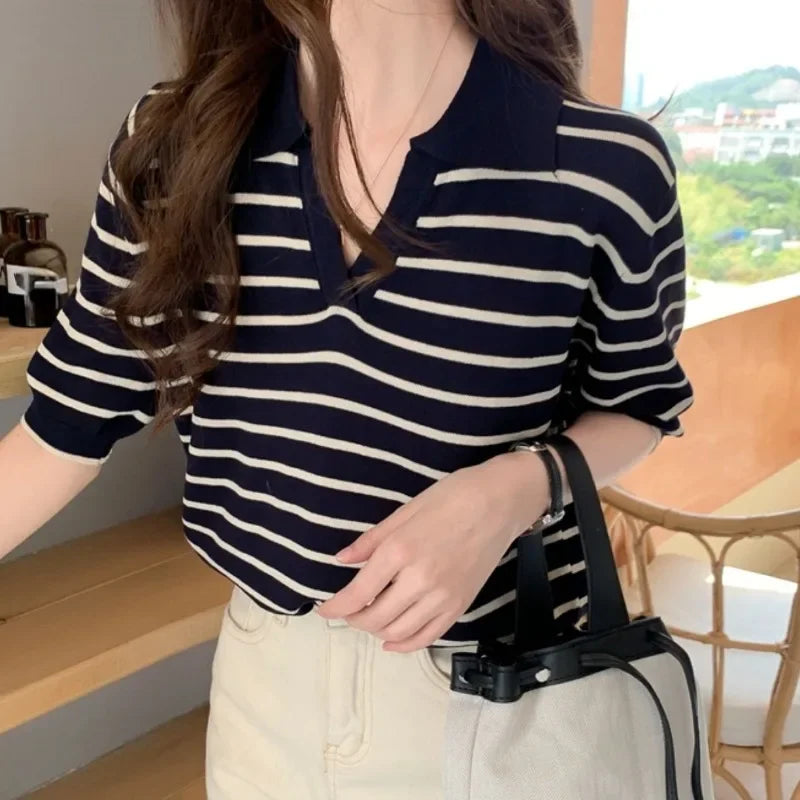 Summer Striped T-Shirt Women Knitted Shirts Pullover Tops Short Sleeve Crop Tops Female Elastic Casual Knit Tee Women's T-Shirts