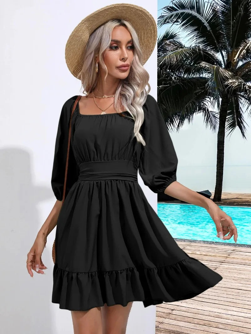 Summer Women Dresses Square Collar Bohemian RUFFLES Elastic Waist Above Knee Mini Dress Short Sleeves Pullover Mujer Vestidos