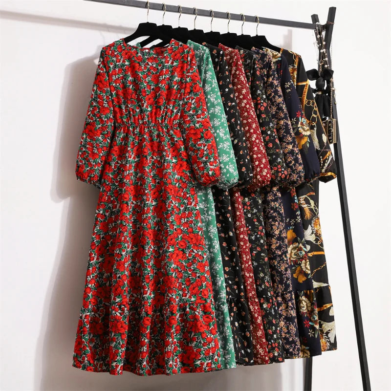 Autumn Spring Chiffon Dresses Fashion Female Full Sleeve Vintage Printed Floral Casual Long Dress Women Maxi Dresses Vestidoes