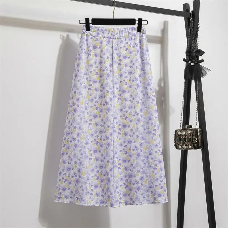 Spring Summer Chiffon Women skirts Casual Floral Printed Woman Long skirts Elastic Waist Female Loose extended Skirt