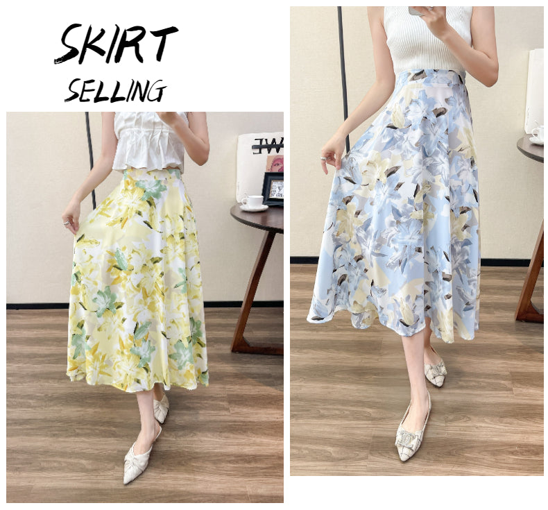 2022 Summer High Waist Women Skirts Casual Floral Printed Chiffon Woman Midi Skirts Bohemian Beach Holiday Long A-line Skirts