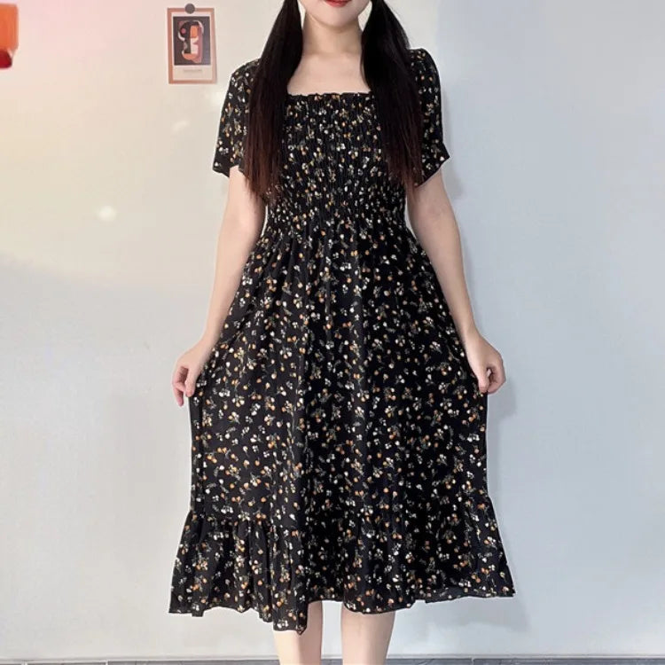 Spring Summer Chiffon Dress Women Casual Dresses Female Elastic Waist Short Sleeve Printed Floral Midi A-Line Dresses Vestidos