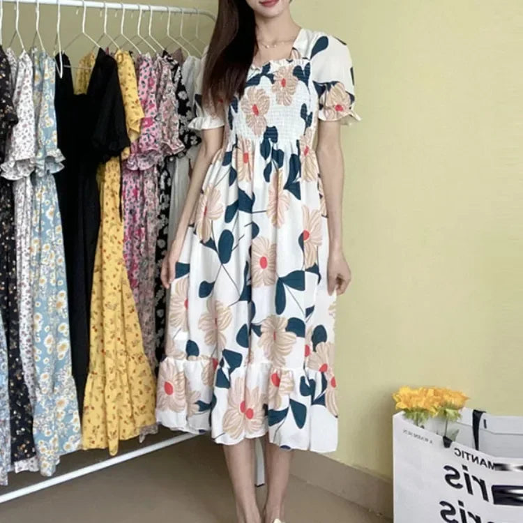 Spring Summer Elastic Waist Chiffon Dress Women Casual Dresses Vestidos Fashion Female Short Sleeve Pleated A-line Dresses