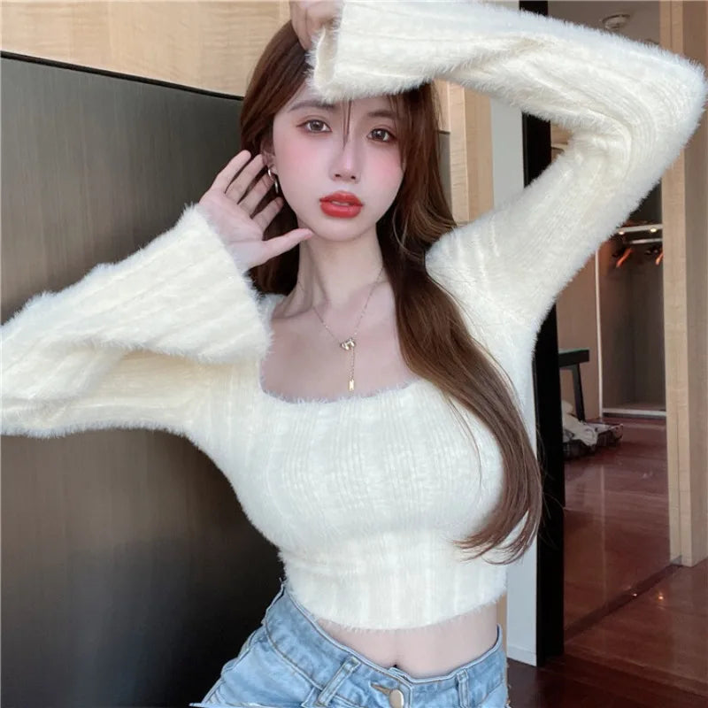 Autumn Winter Knitting Crop Tops Women Skinny Sweaters Bottom Shirts Fashion Female Long Sleeve Pullover Casual Knitted Sweater