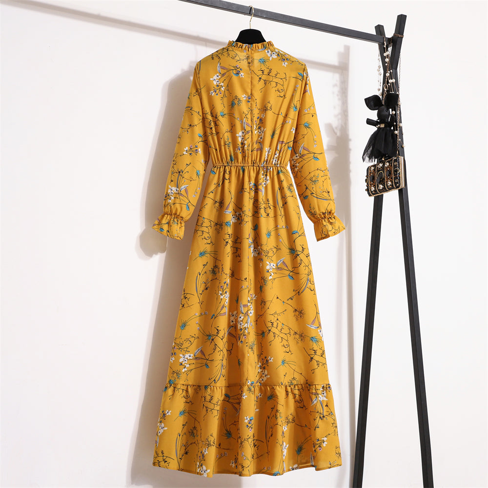 Autumn Spring Vestidoes Woman Chiffon Dresses Full Sleeve Vintage Printed Floral Zipper Casual Long Dress Women Maxi Dresses