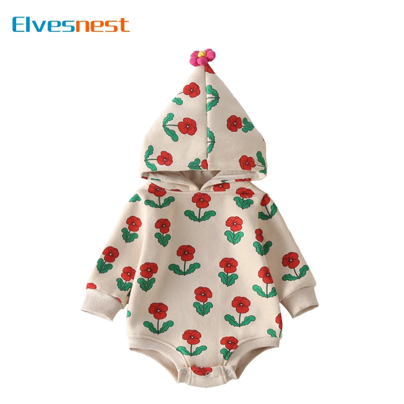 Cartoon Print Long Sleeve Hooded Baby Clothes Girl Bodysuit Spring & Autumn Warm Cotton Infant Girl Bodysuits 3-18 Months