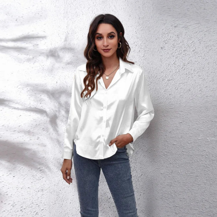 Spring Summer Long Sleeve Women's Silk Shirt Office Ladies Stain Blouses Solid Turn-down Collar Single Breasted Woman Shirts