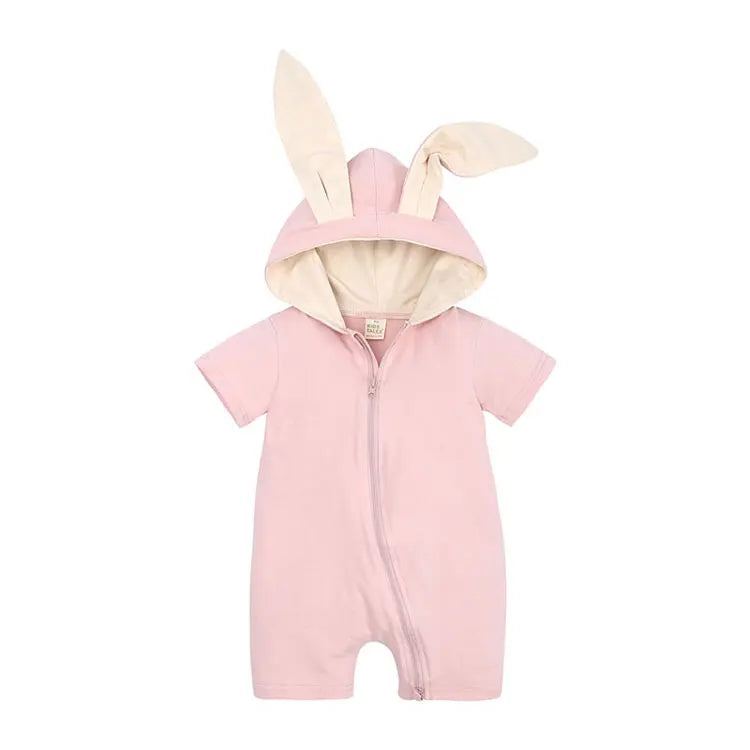 Cartoon Rabbit Girls Rompers Cotton Short Sleeve Hooded Zipper Newborn Clothes Boys Rompers Summer Baby Clothing 3-18 Months