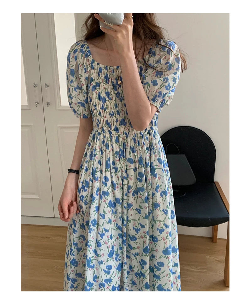 Spring Summer Printed Floral Dress Women Casual Dresses Elastic Waist Fashion Female Vestidos Short Sleeve A-line Dresses