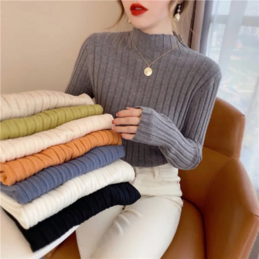 Autumn Winter Knitwear Tops Fashion Female Long Sleeve Skinny Elastic Casual Knitted Shirts Women Mock neck Pullover Sweaters