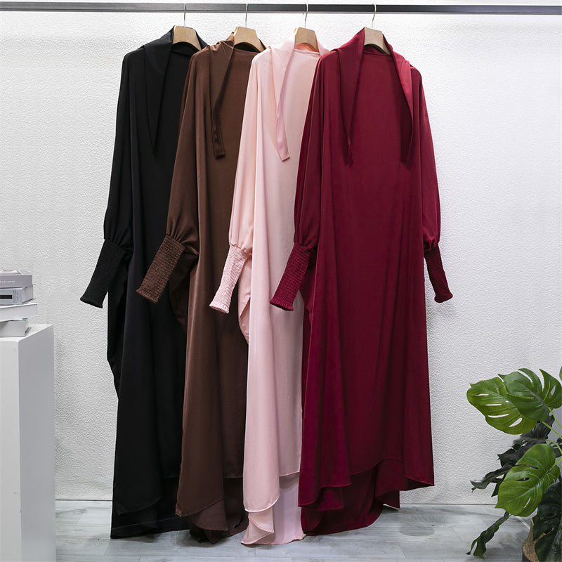 Muslim Abaya Hooded Smocking Sleeve One-piece Prayer Dress Women Jilbab Islamic Clothing Dubai Saudi Black Robe Turkish Modesty