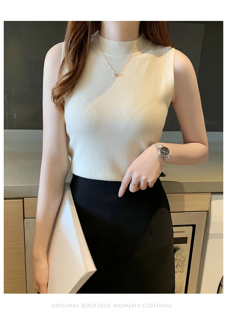 Women's T-Shirts Spring Summer Women Knitted Tank Sleeveless Shirts Tops Female High Elastic Slim Casual Knit T-Shirts Crop Tops