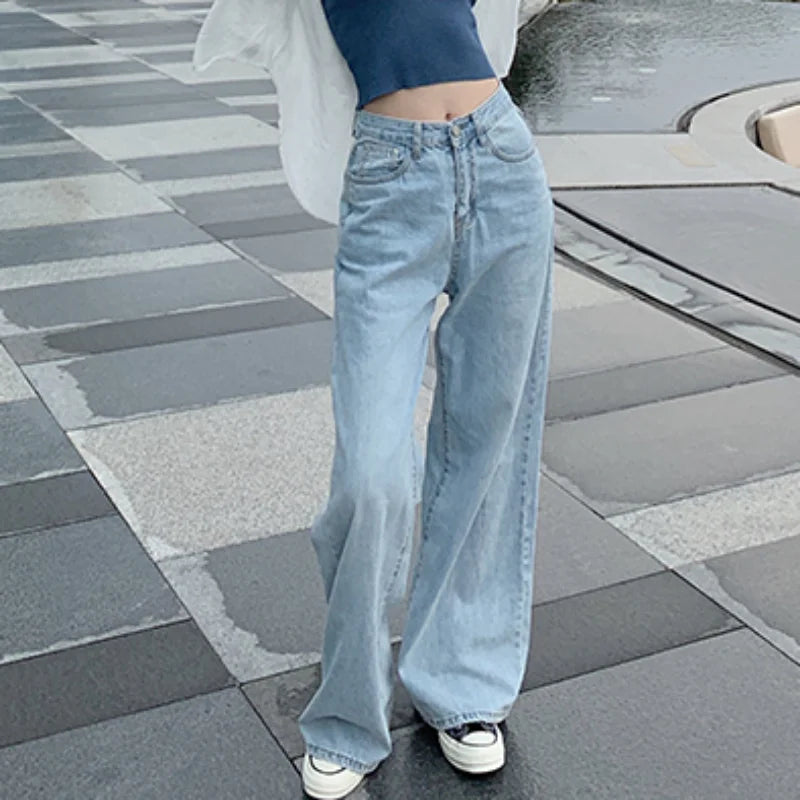 Autumn Spring Denim Pant Women Jeans Vintage Straight Trousers Fashion Female White Black Solid Loose Casual Wide Leg Pants