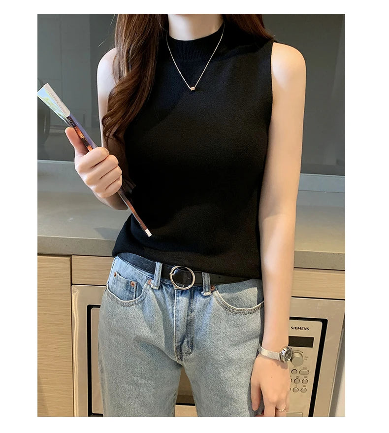 Women's T-Shirts Spring Summer Women Knitted Tank Sleeveless Shirts Tops Female High Elastic Slim Casual Knit T-Shirts Crop Tops