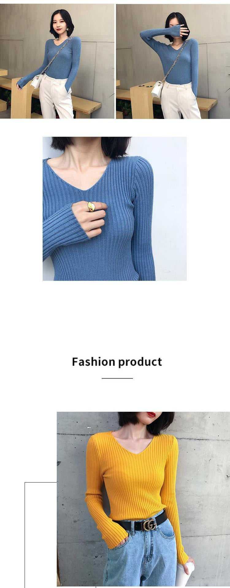 Autumn Fashion Female Long Sleeve V-neck Skinny Elastic Casual Sweater Women Knitted Shirts Pullover Top Women's Sweaters