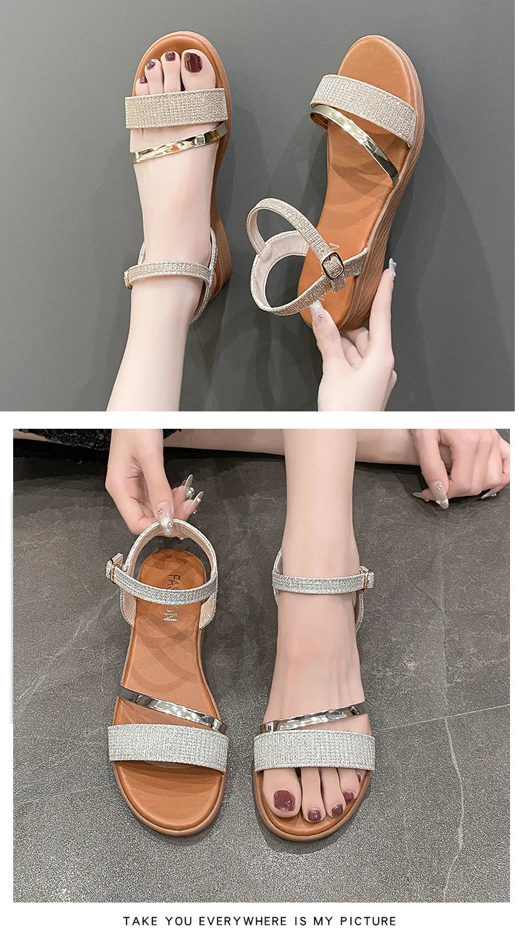 Women's New Casual Fashion Sandals 2024 New Summer Versatile Mid Heel Thick Sole Roman Shoes