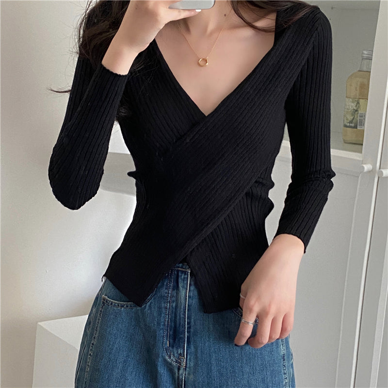 Autumn Winter Knitwear Tops Fashion Female Long Sleeve Skinny Elastic Casual V-neck Knitted Shirts Women Pullover Sweaters