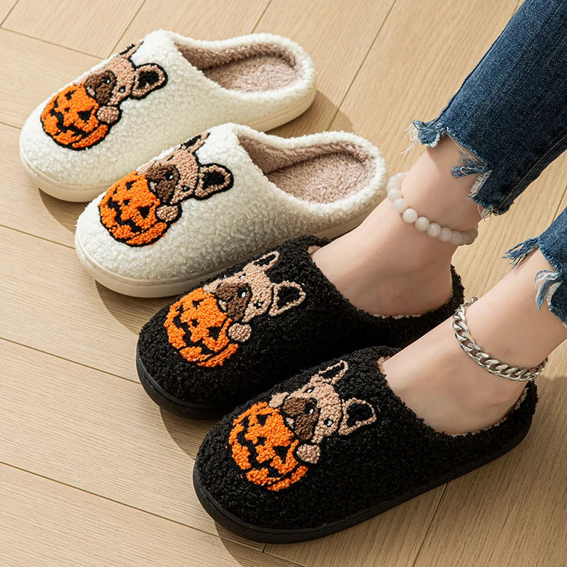 Halloween Dog Embroidery Cotton Home Slippers Women 2024 Winter Fluffy Furry House Slippers Woman Comfort Flat Heels Floor Shoes