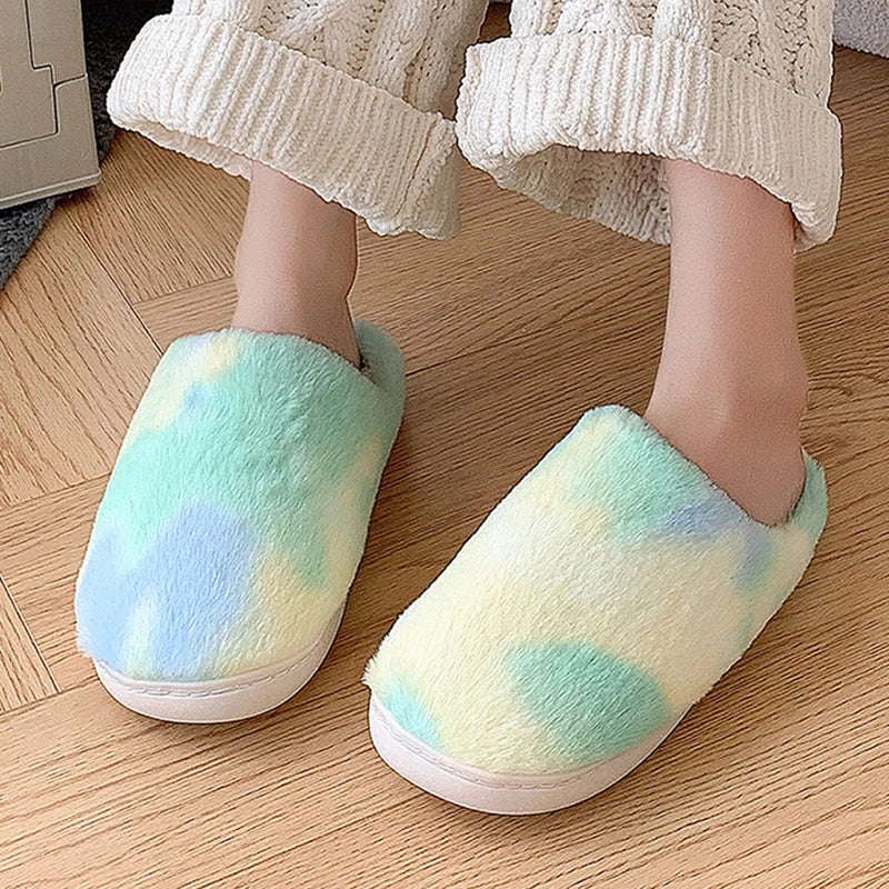 Tie Dye Fluffy Fur Slippers for Women 2024 Winter Closed Toe House Home Slippers Woman Non Slip Flat Heels Indoor Cotton Shoes