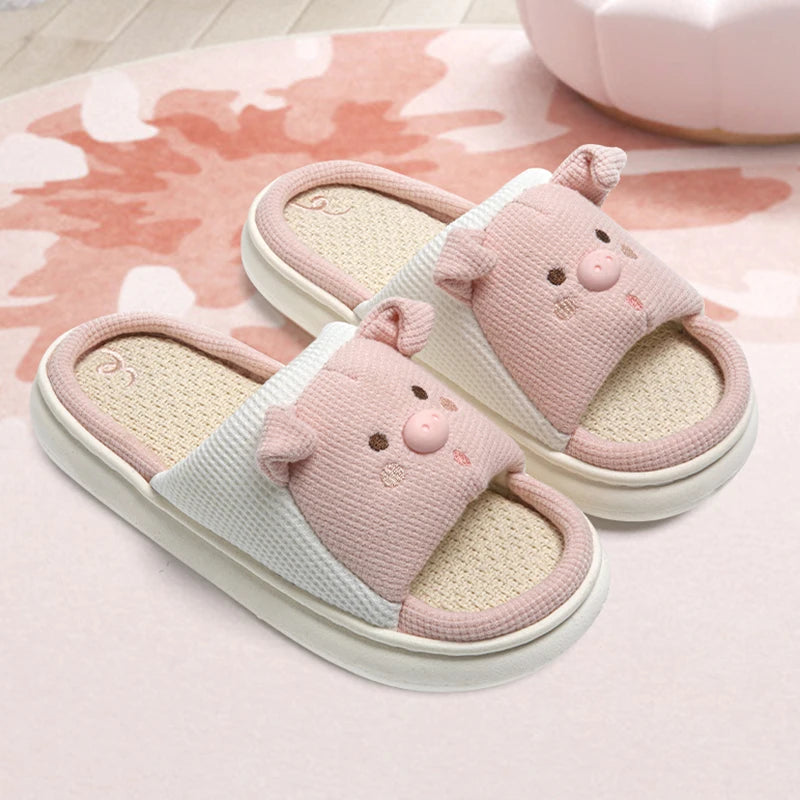 Cute Cartoon Pig Linen Slippers Women 2024 Winter Comfort Soft Sole Funny Cotton Slippers Woman Non Slip Flat Heels House Shoes