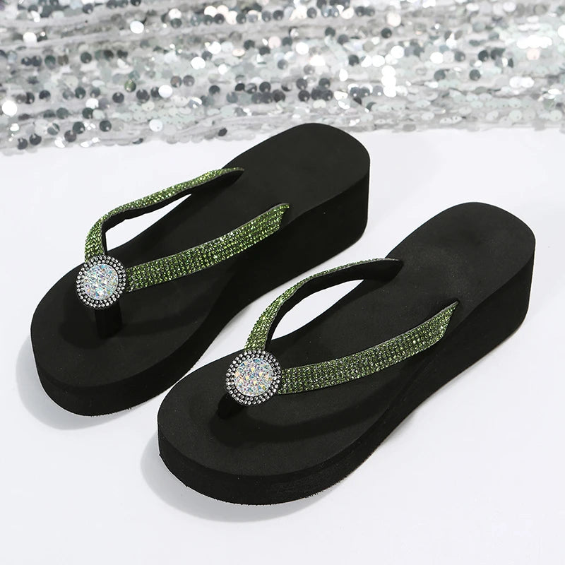 Clip Toe Wedge Heels Slippers Women 2024 Summer Shiny Crystal Platform Sandals Woman Plus Size 42 Light Outdoor Flip-Flops Slide