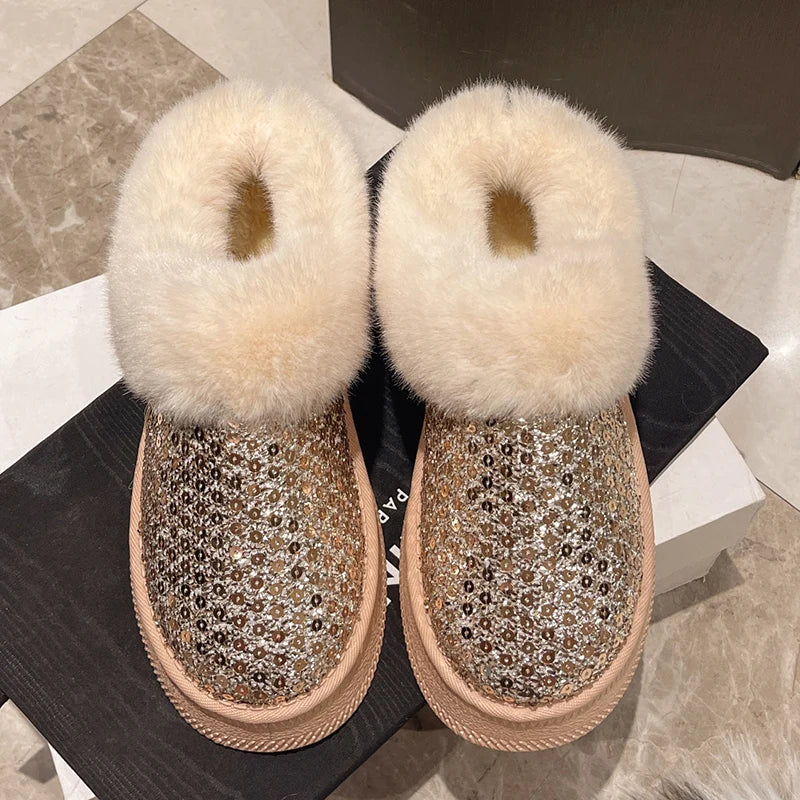 Shiny Sequins Winter Platform Ankle Boots Women 2024 Warm Thicken Plush Snow Boots Woman Non Slip Flat Heels Cotton Padded Shoes