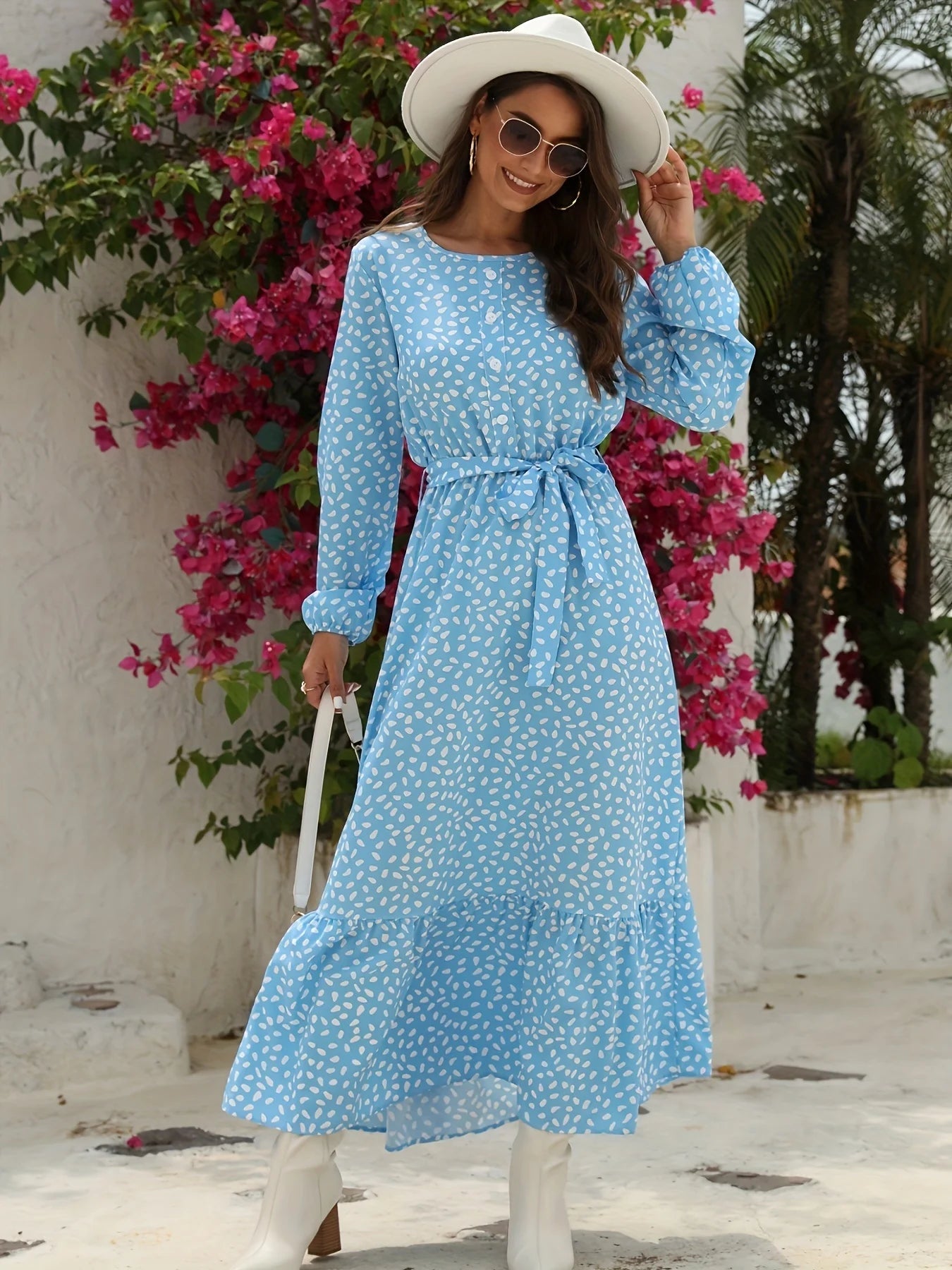 Ramadan Floral Print Crew Neck Dress, Elegant Long Sleeve Belted Dress For Spring & Fall, Women's Clothing