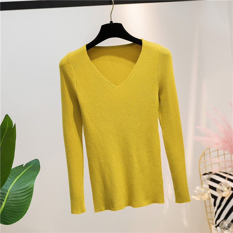 Women Knitted Shirts Fashion Female Autumn Winter Long Sleeve V-neck Skinny Elastic Casual Thin Sweater Pullover Tops Knitwear