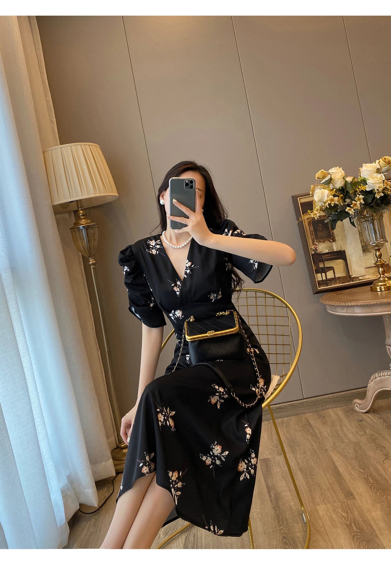 Spring Summer Chiffon Dress Women Casual Dresses Fashion Female Printed Floral V-neck Short Sleeve A-line Dresses Vestidos