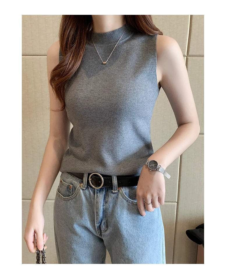 Women's T-Shirts Spring Summer Women Knitted Tank Sleeveless Shirts Tops Female High Elastic Slim Casual Knit T-Shirts Crop Tops