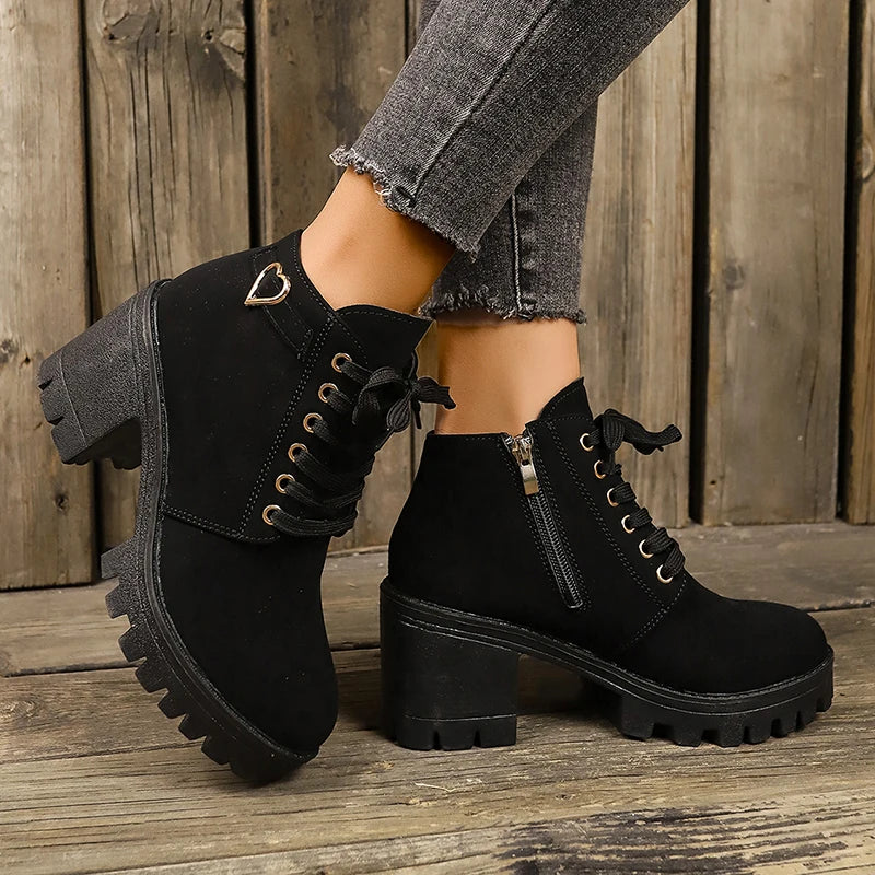 Chunky Platform Ankle Boots Women 2024 Autumn Pu Leather High Heels Short Boots Woman Side Zipper Thick Heeled Black Botas Mujer