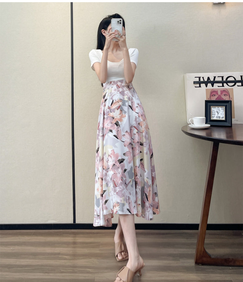 2022 Summer High Waist Women Skirts Casual Floral Printed Chiffon Woman Midi Skirts Bohemian Beach Holiday Long A-line Skirts