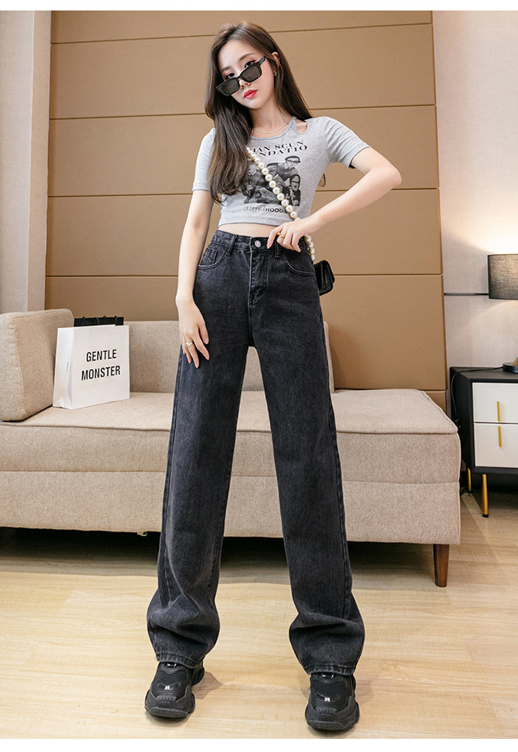 Autumn Spring Denim Pant Women Jeans Vintage Straight Trousers Fashion Female White Black Solid Loose Casual Wide Leg Pants