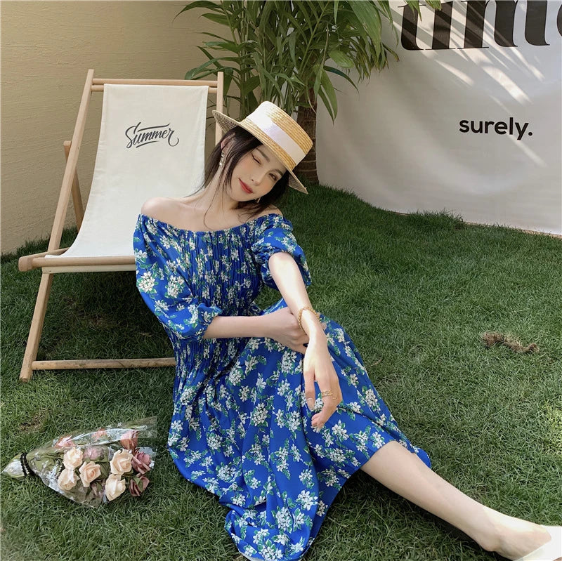 Spring Summer Dress Women Casual Dresses Off Shoulder Fashion Female Vestidos Short Sleeve Printed Floral V-neck A-line Dresses