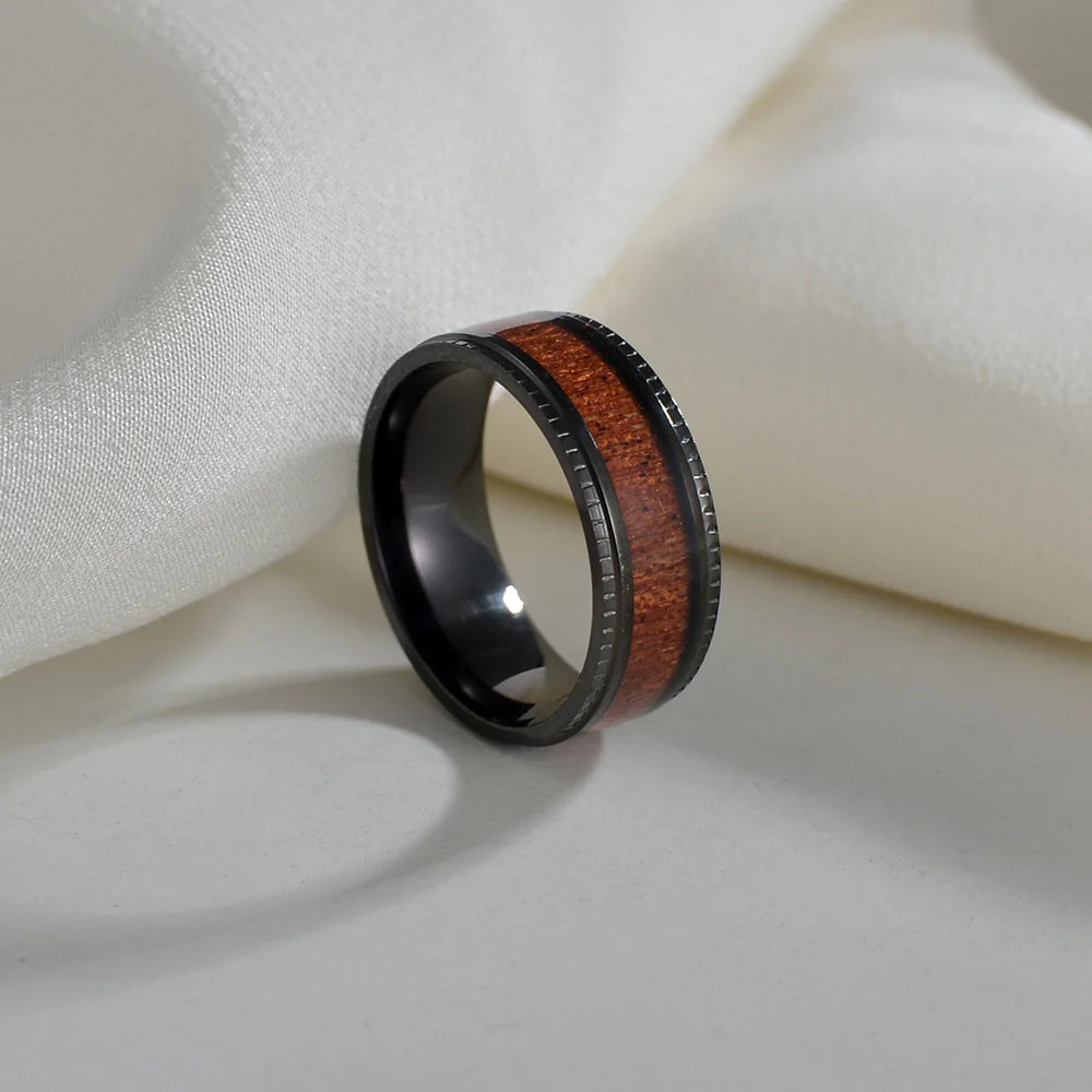 4mm 6mm Stainless Steel Ring True Brown Koa Wood Inlay High Polished Sieve Wedding Band Mens Womens Sizes 5-13