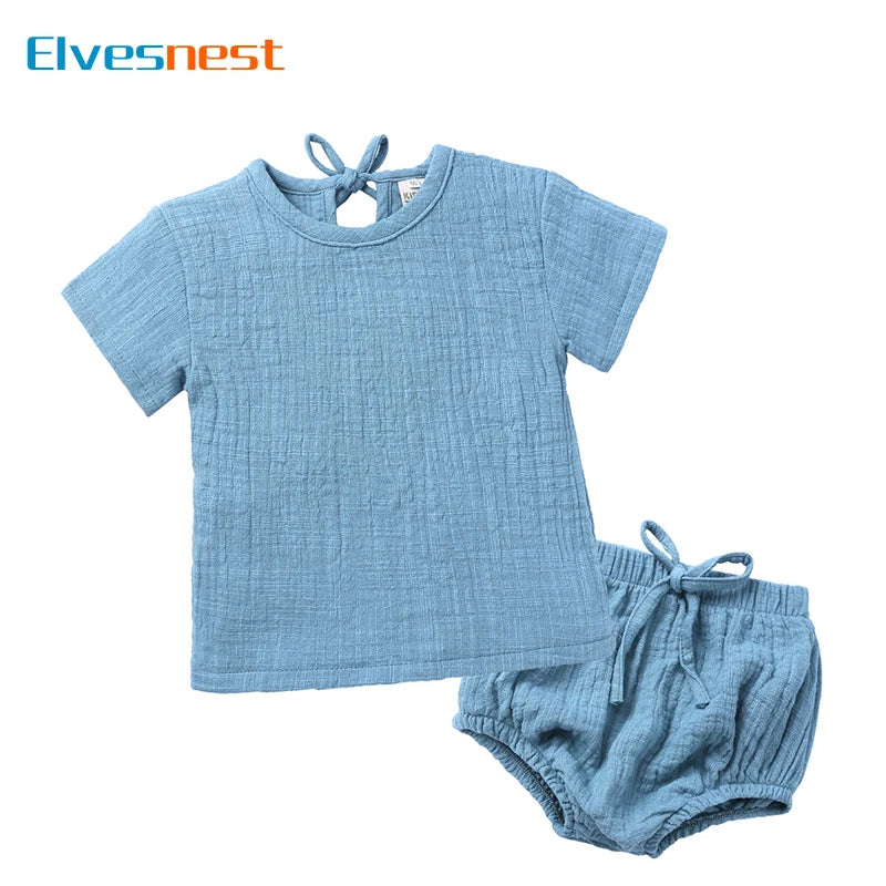 Fashion Solid Color Kids Clothes Boys Outfit Set Cotton Linen Short Sleeve Tops+Shorts Summer Children Girl Clothes 1-4 Years