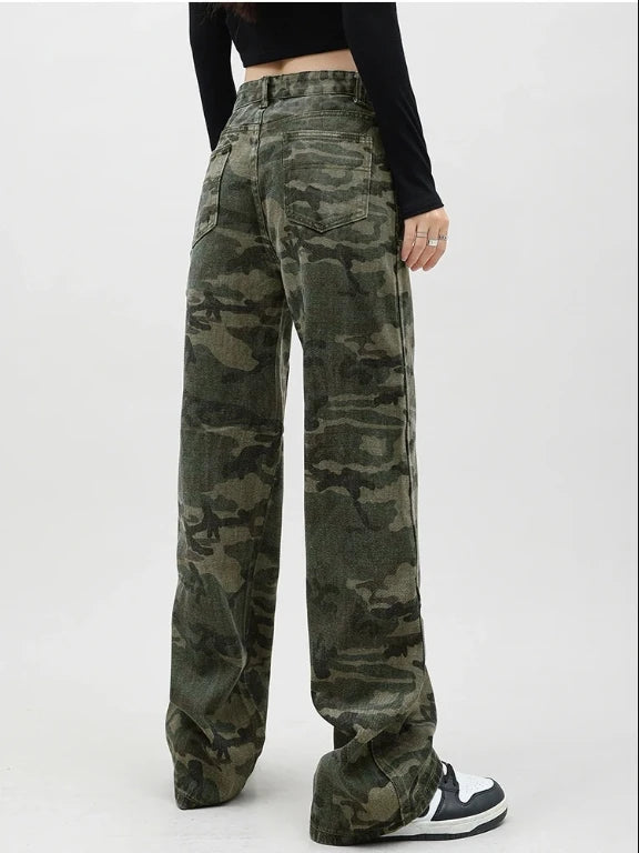 Autumn Spring Camouflage Jeans Women Denim Pants Vintage High Waist Straight Trousers Fashion Female Loose Casual Wide Leg Pants