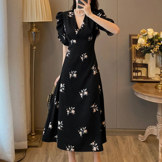 Spring Summer Chiffon Dress Women Casual Dresses Fashion Female Printed Floral V-neck Short Sleeve A-line Dresses Vestidos