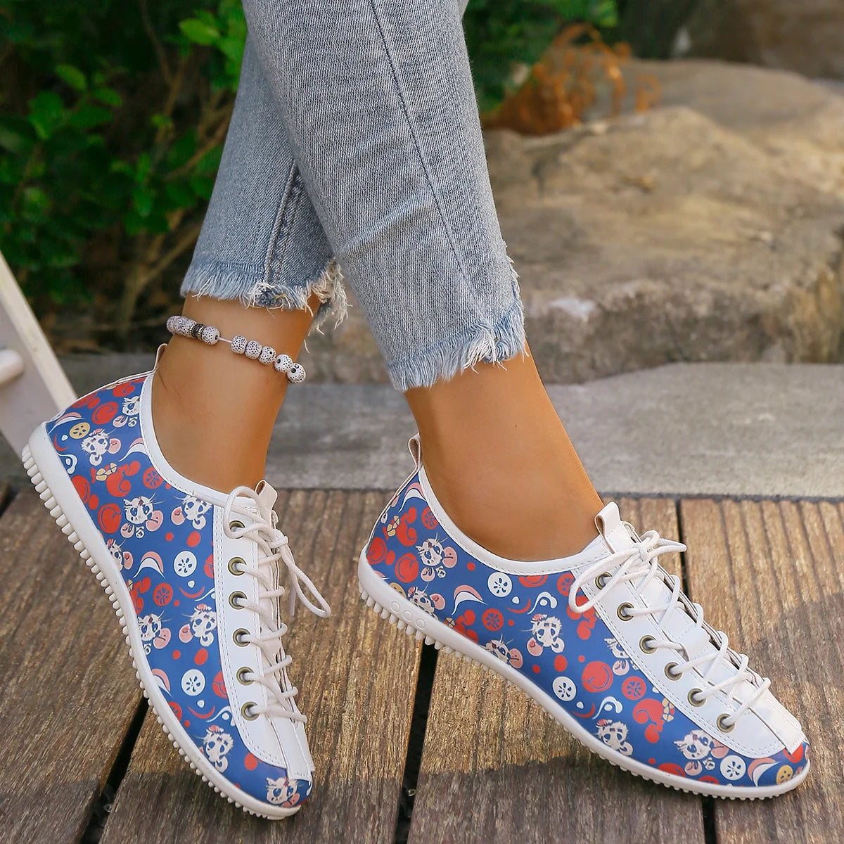 Women's new casual single shoes cute graffiti comfortable lace up board shoes