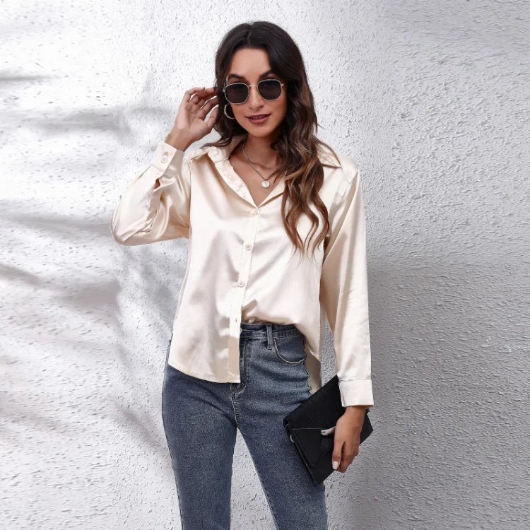 Spring Summer Long Sleeve Women's Silk Shirt Office Ladies Stain Blouses Solid Turn-down Collar Single Breasted Woman Shirts