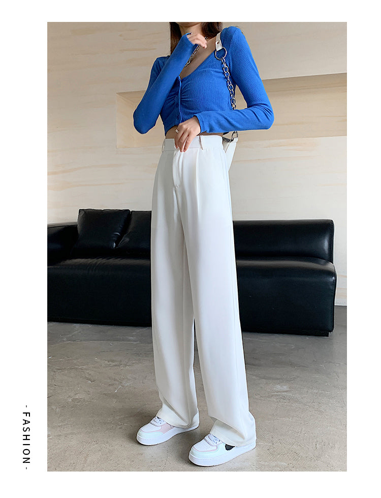 Women High Waist Floor-Length Suits Pants Autumn Winter White Loose Wide Leg Pants Female Office Ladies Straight Long Trousers