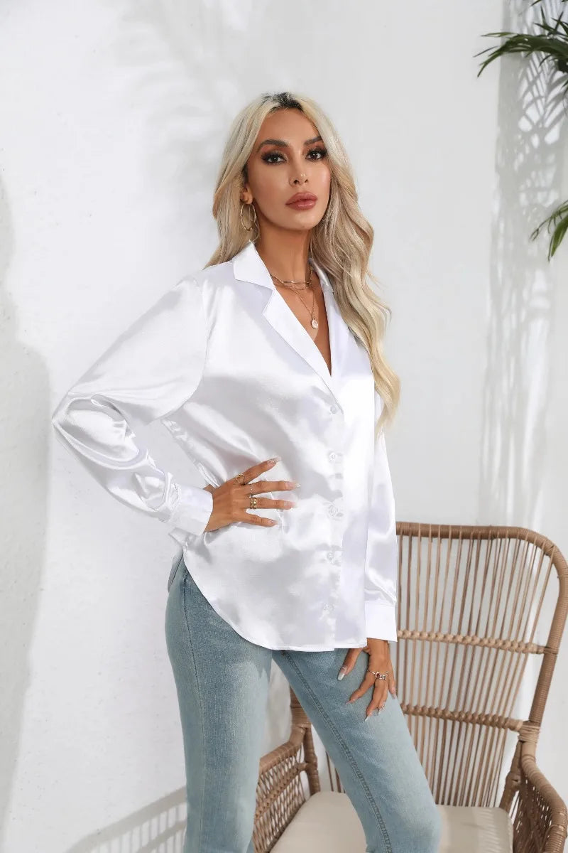 2024 Spring Summer Women Shirts Office Lady Woman Long Sleeve Satin Turn-down Collar Blouse with Single Breasted Female Blouses