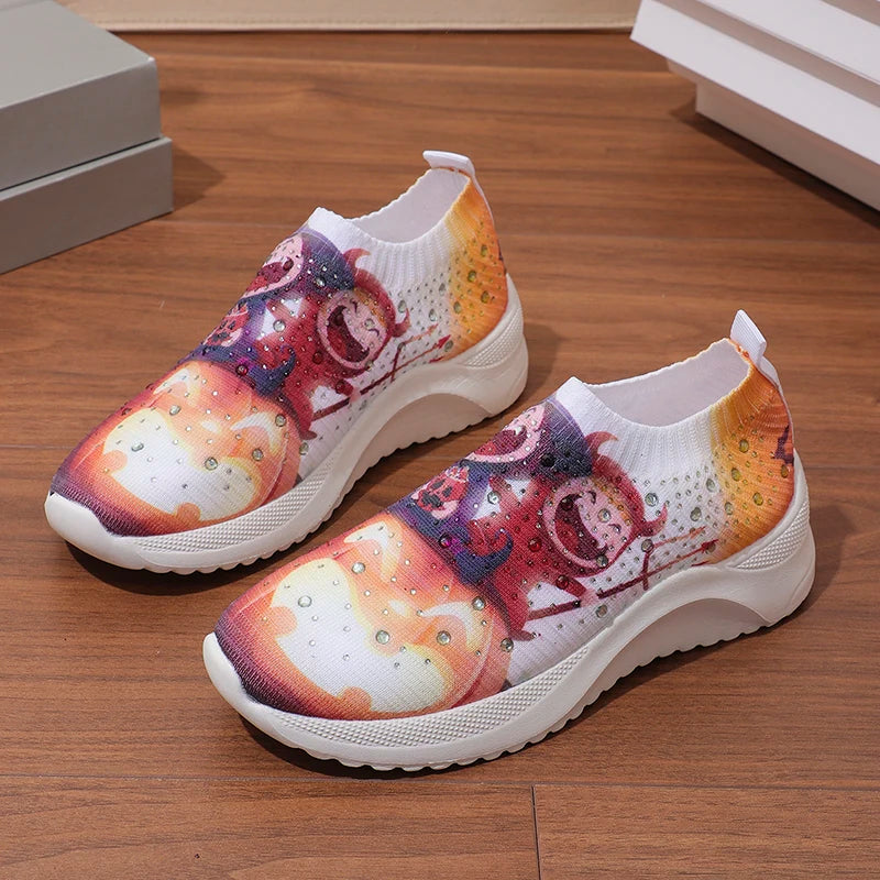 Shiny Crystal Halloween Print Flats Women 2024 Autumn Breathable Knitted Platform Sneakers Woman Soft Sole Non Slip Casual Shoes