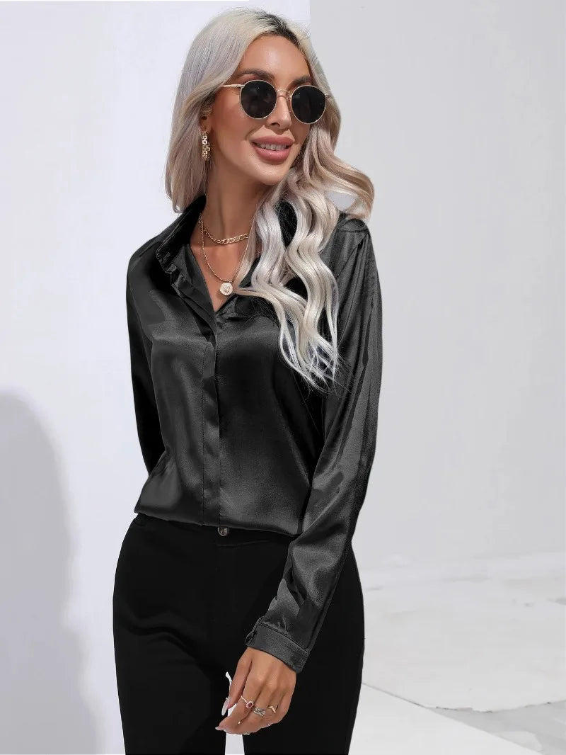 Women's Shirt with Single Breasted Long Sleeve Shirts Spring Summer Silk Shirt Office Lady Satin Turn-down Collar Casual Blouses